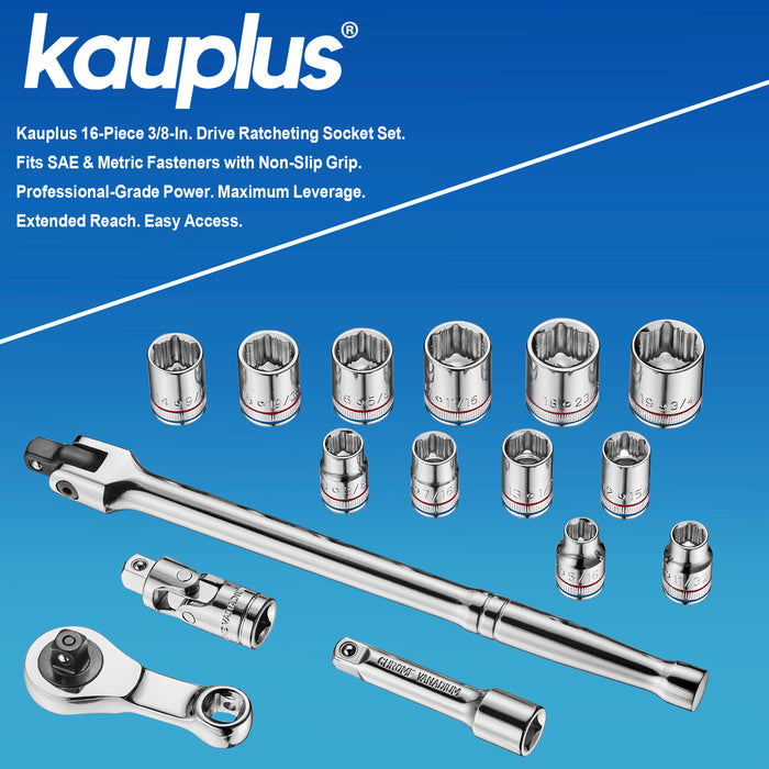 16 PC 3/8" Drive Ratcheting Socket Set, Each Fits SAE & Metric