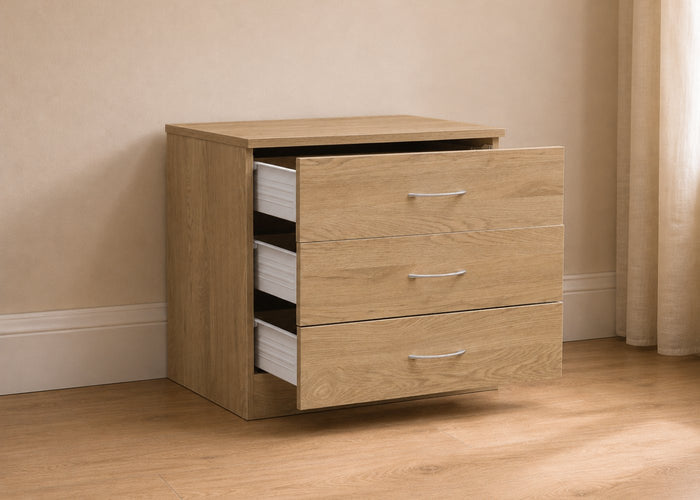 3 Drawer Chest in Oak, with Drawers Open