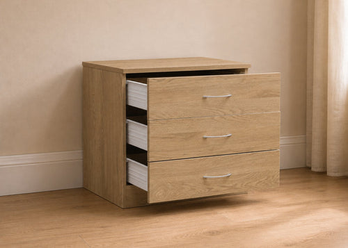 3 Drawer Chest in Oak, with Drawers Open