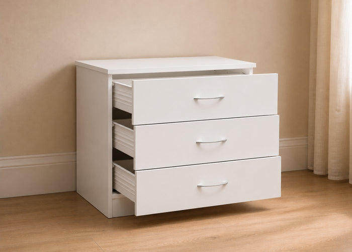 3 Drawer Chest in White, with Drawers Open