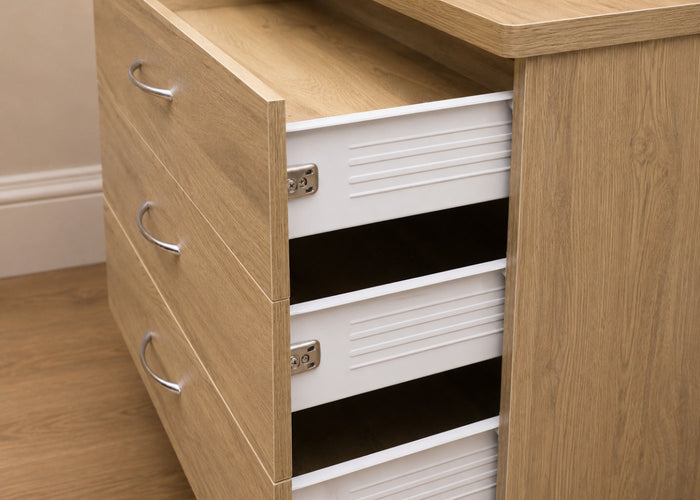 3 Drawer Chest in Oak, with Drawers Open