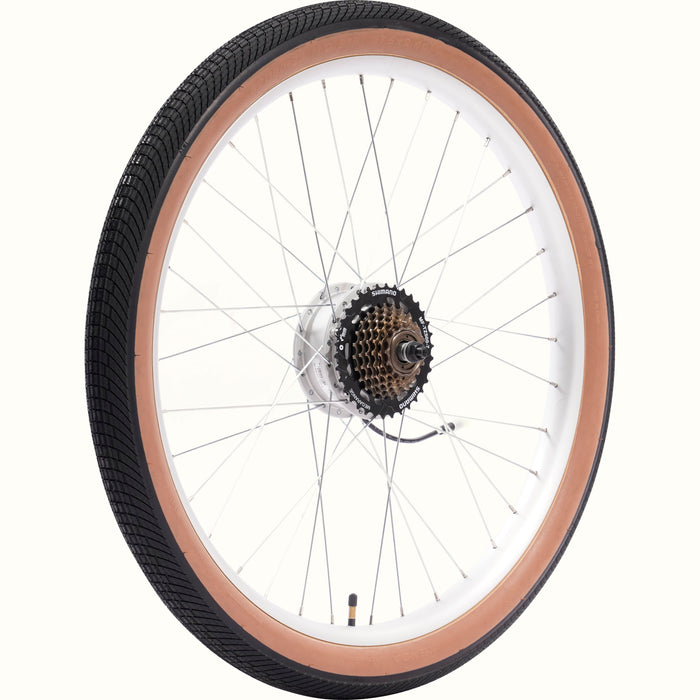 Bicycle wheel with brown sidewall and black tire on a white background.
