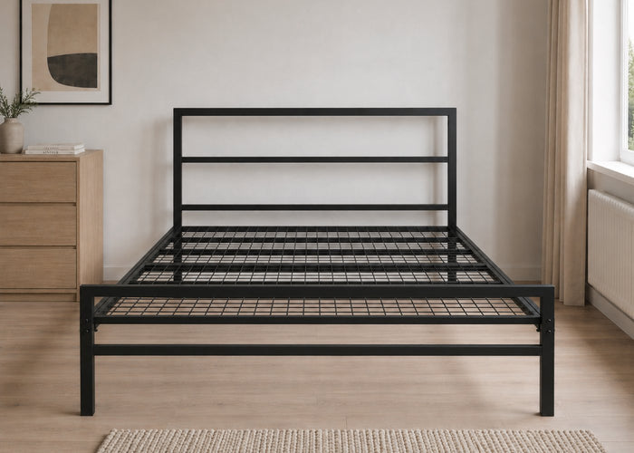 Block Black Metal Bed in Double Size with Reinforced Mesh Base
