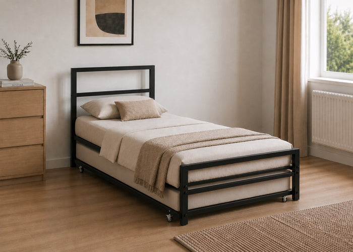 Block Single Metal Bed in Black with Underbed Trundle