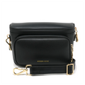 Anti-theft Water-resistant Travel Bum Bag in black and gold hardware and slash-resistant wide faux leather strap with locking clasps - Front view - Arden Cove