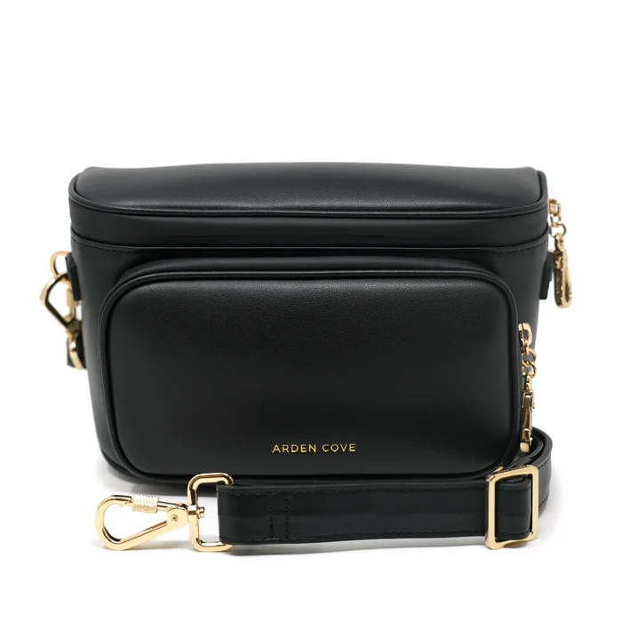 Anti-theft Water-resistant Travel Bum Bag in black and gold hardware and slash-resistant wide faux leather strap with locking clasps - Front view - Arden Cove
