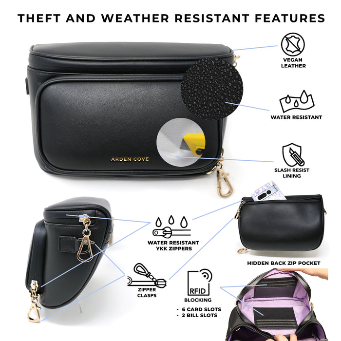 Anti-theft water resistant bum bag has features including water resistant YKK zippers, water resistant vegan leather, slash resistant lining, zipper clasps to secure your pockets closed, and RFID-blocking built in wallet with 6 card slots and 2 bill slots (folded). There is a hidden zipper pocket on the back of the bag.