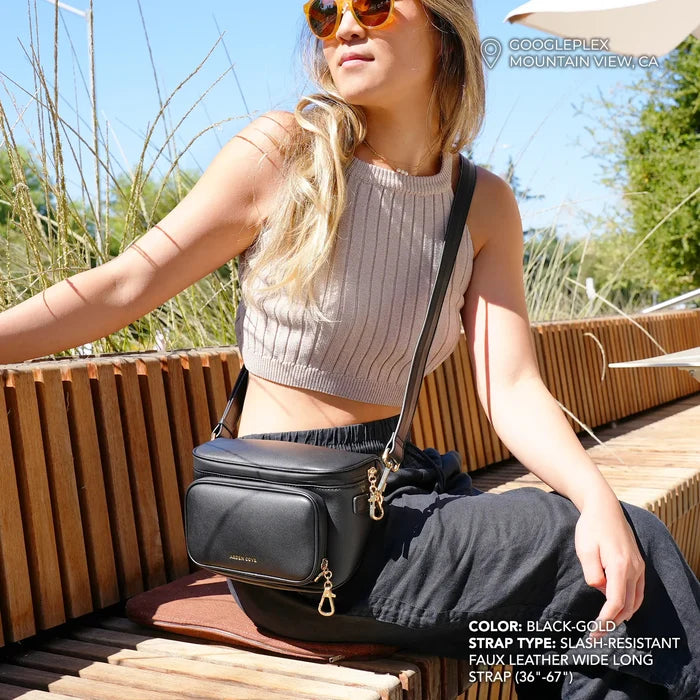 Anti-theft water-resistant Bum Bag Crossbody in black with gold hardware and slash-resistant faux leather wide long strap on model
