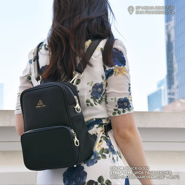 Carmel Convertible Backpack Wide Strap Classic Black Gold on model