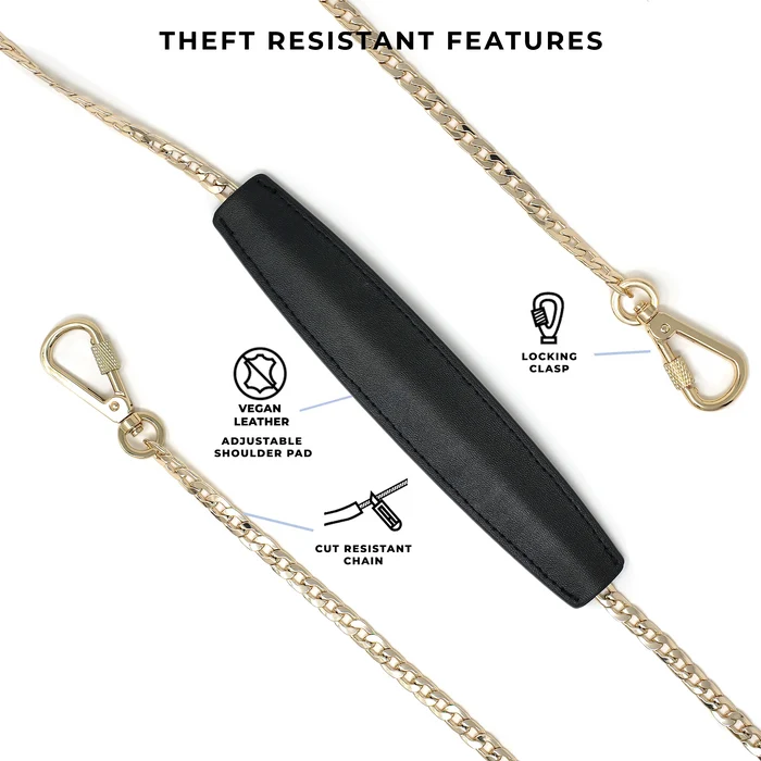 Gold chain with black leather pad and theft-resistant features labeled: locking clasps, vegan leather adjustable shoulder pad, cut resistant chain