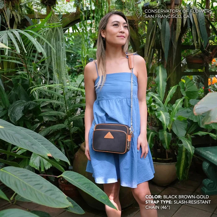 Locking Crissy Crossbody with Shoulder Pad in Brown Gold (20") modeled on 5'5" model
