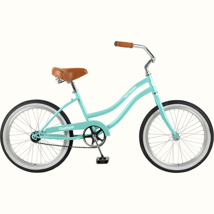 retrospec Chatham 24 inch girls bike in seafoam, a beach cruiser style bicycle with coaster brake and step-through frame.