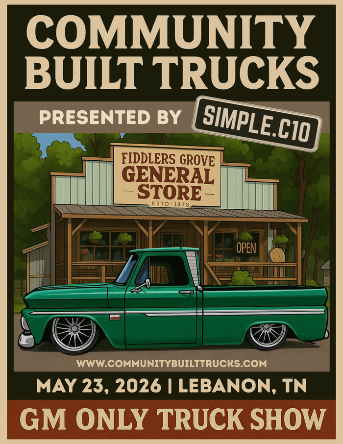 Community Built Trucks 2026 | Registration poster featuring a green GM truck at Fiddlers Grove, Lebanon, TN.