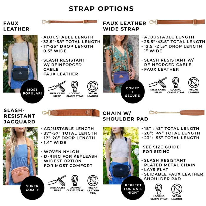 Strap options of the Crissy Full Crossbody Locking Hardware, comparison of strap features and lengths