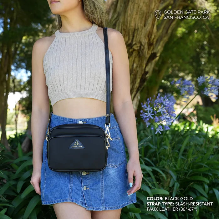 Crissy Crossbody with Faux Leather Strap in Locking Hardware in Black Gold modeled