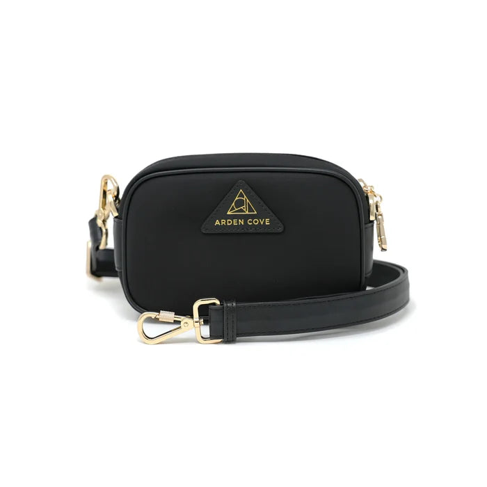 Anti-theft Water-resistant Travel Crossbody - Crissy Mini Crossbody in Black Gold with slash-resistant wide faux leather & locking clasps straps - front view - Arden Cove