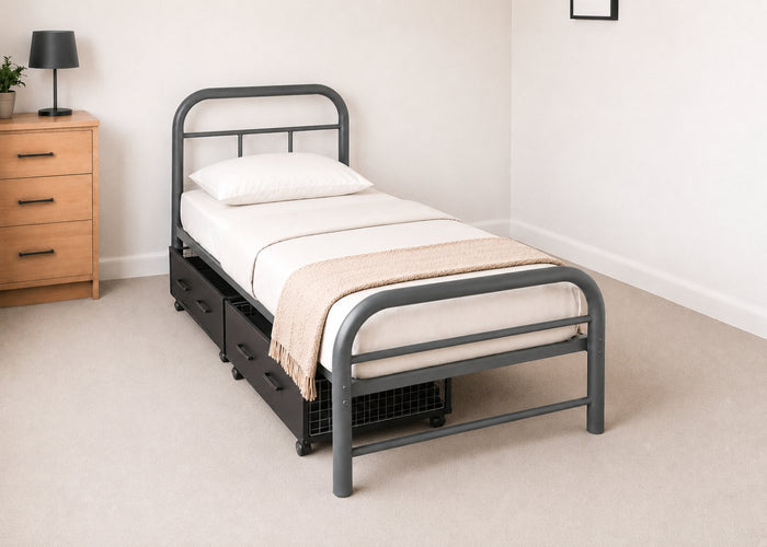 Cromer Single Metal Bed in Grey with Underbed Drawers