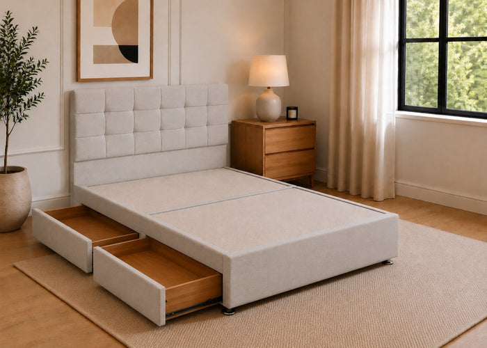 Light Grey Divan Base with Cube Floor-Standing Headboard and 2 Drawers