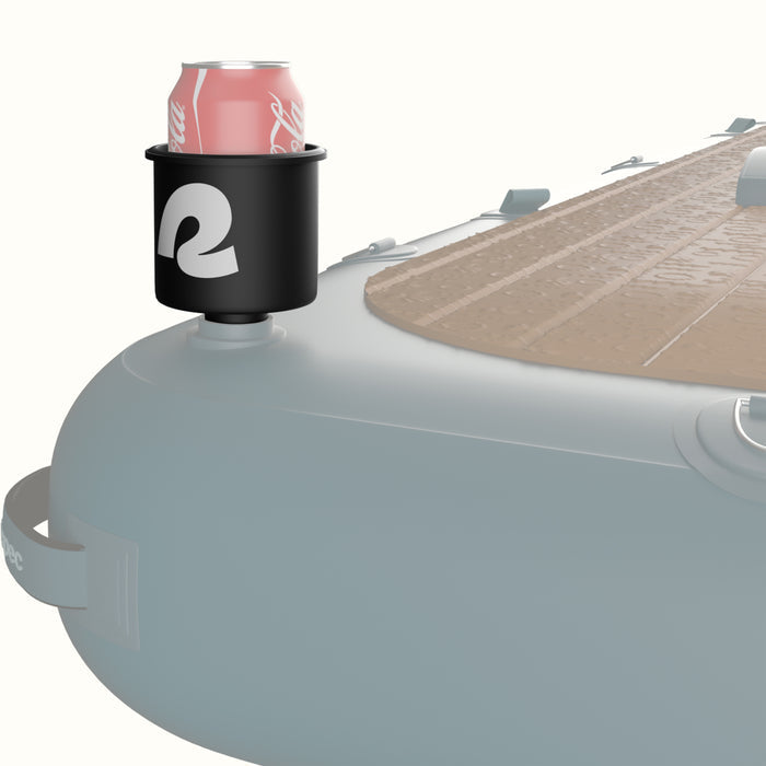 Black cup holder attached to an inflatable dock against a white background.