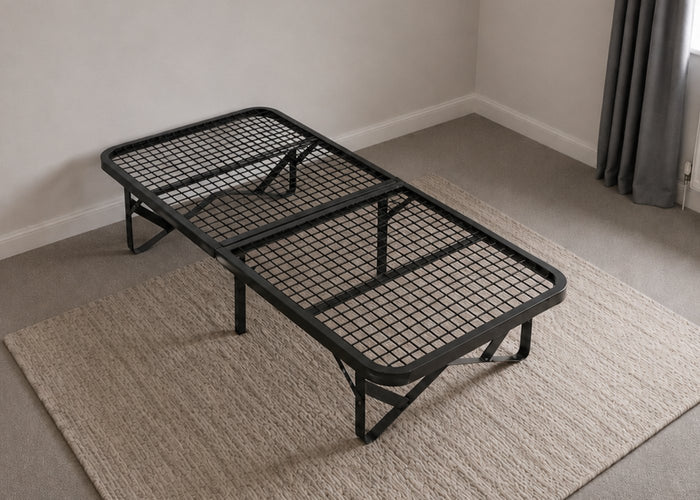 Black foldable skid metal bed frame with reinforced mesh base and thick steel.