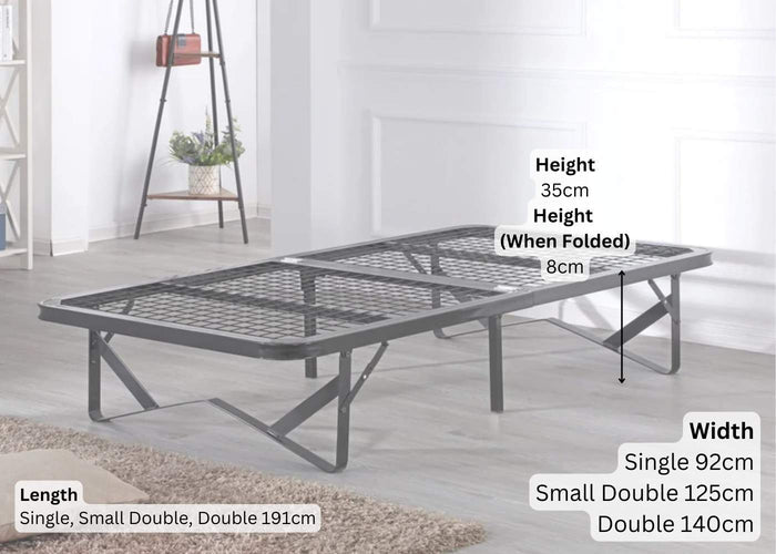 Dark grey Cromer foldable metal bed frame with reinforced mesh base and thick steel, showing dimensions.