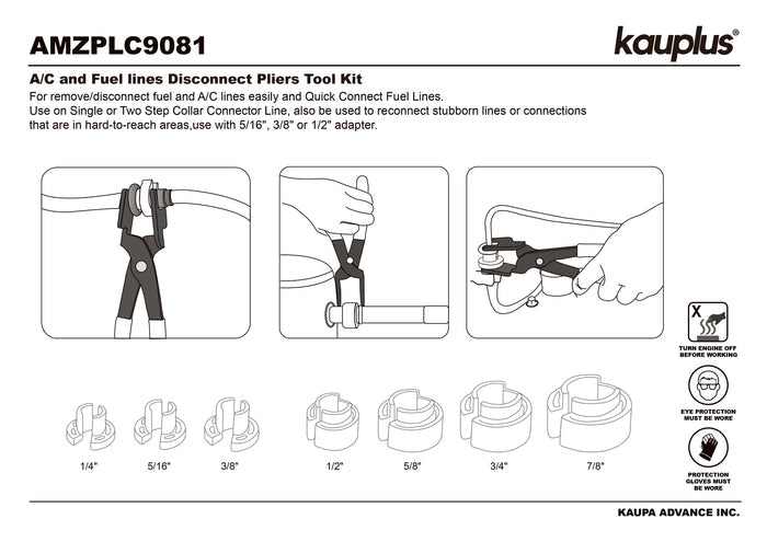 Fuel Line & A/C Line Disconnect Pliers Tool Kit,W/Fuel Line Remover - 1/4", 5/16", 3/8", 1/2", 5/8", 3/4", 7/8"
