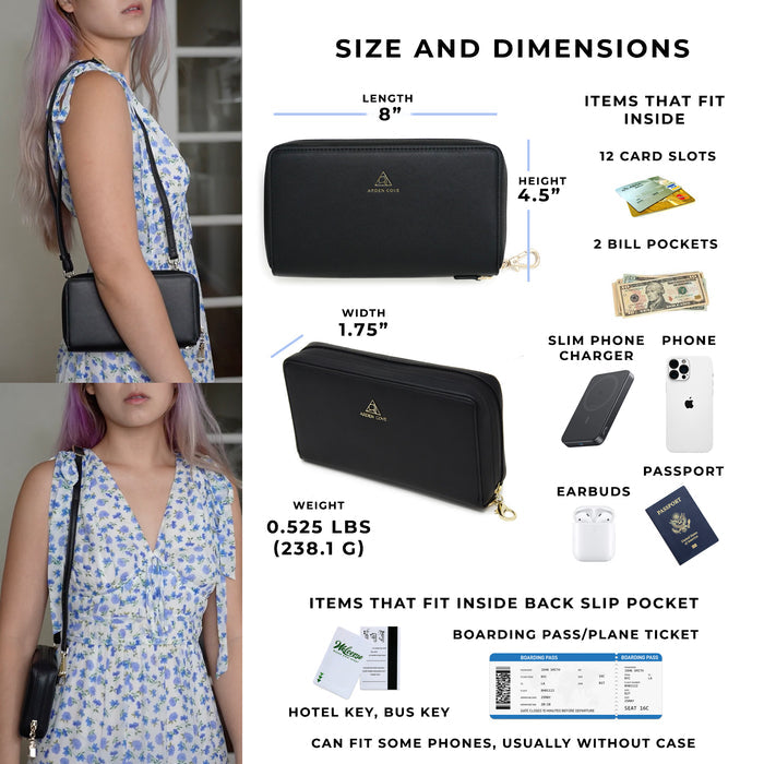 Anti-theft Water-resistant Marina convertible wallet with strap, key leash, and wrist strap. Color in black/gold. Size and dimensions diagram
