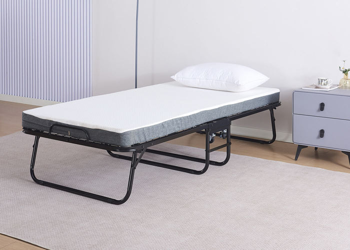 Space-Saving Heavy Duty Metal Folding Bed with Mattress, in Black