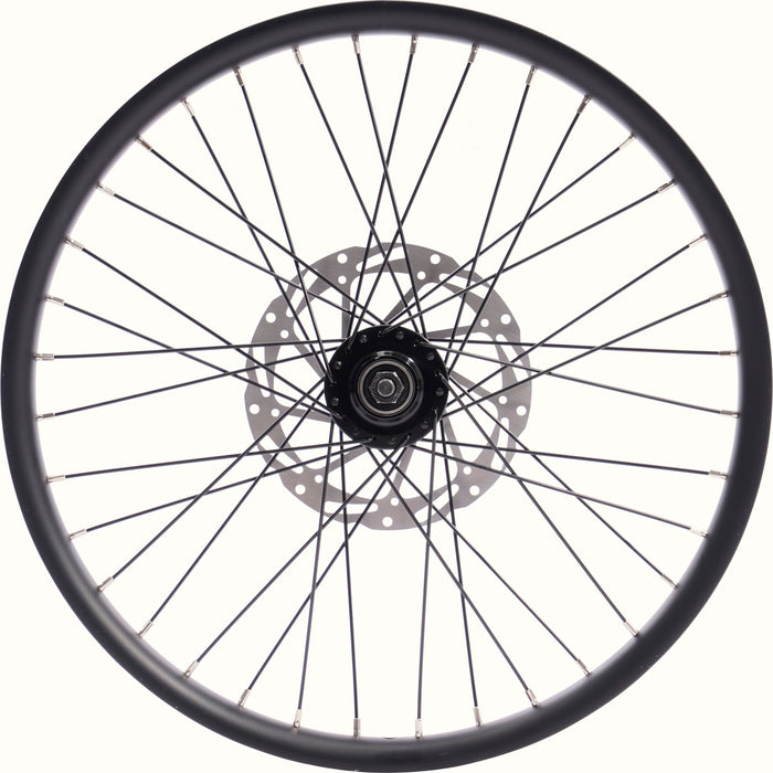 Bicycle wheel with black rim and hub on a white background.