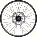 Bicycle wheel with black rim and hub on a white background.