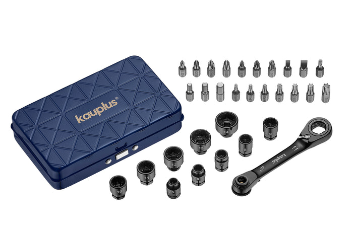 Kauplus 32PCS Mini Ratchet Wrench & Socket Bit Set – 1/4" Drive, Metric Sockets & Hex/Torx Bits in Compact Case