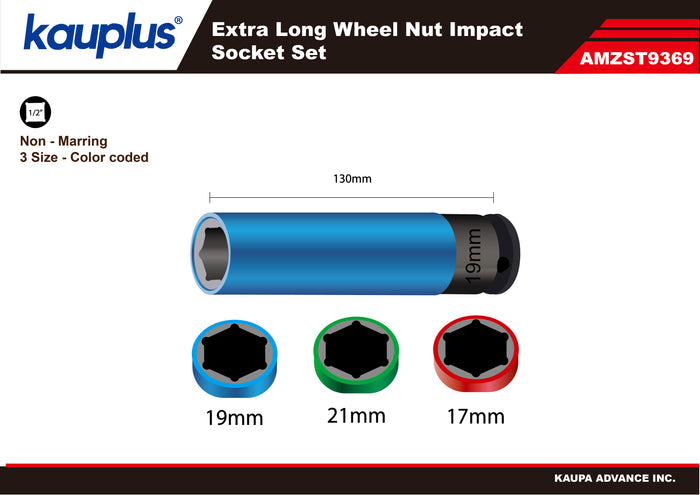 KAUPLUS 3PCS 1/2" Drive Wheel Nut Impact Socket Set | 17/19/21mm Thin Wall