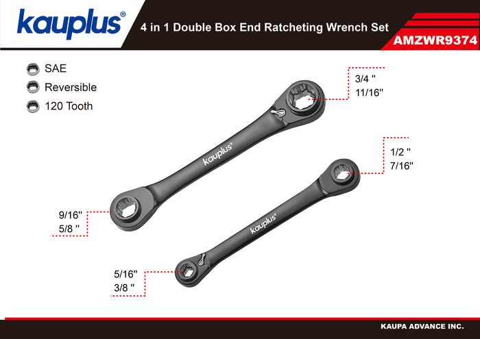 KAUPLUS 4-in-1 Non-Slip Box End Reversible Ratcheting Wrench Set – SAE Combination Wrenches
