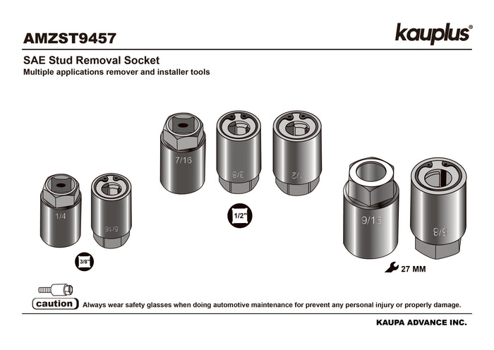 KAUPLUS 7-Piece SAE Stud Remover & Installer Tool Set – 1/4" to 5/8" Stud Removal Sockets