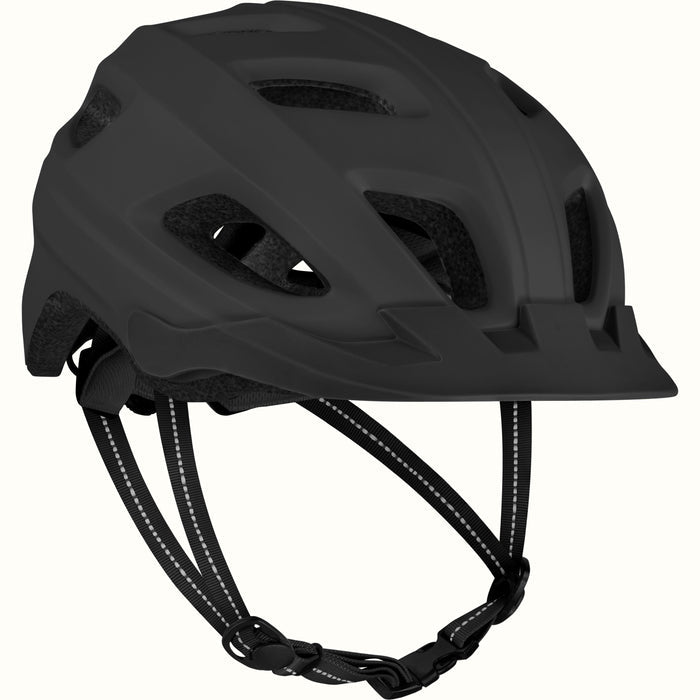 Three-quarter side view of a Lennon Commuter Bike Helmet in Matte Black, highlighting the extended black visor, multi-vent construction, and adjustable chin strap against a clean background.