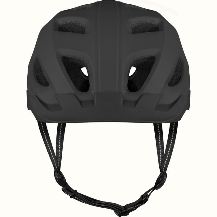 Front view of a Lennon Commuter Bike Helmet in Matte Black, showing the multi-vent design, black visor, and adjustable chin strap against a clean background.