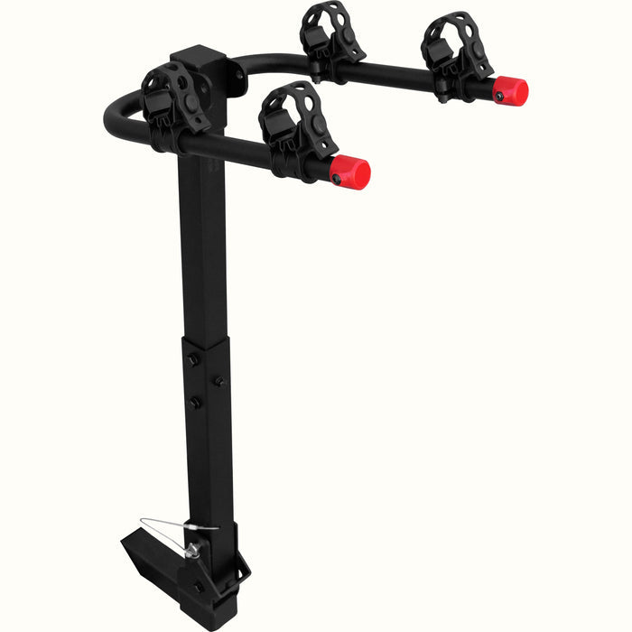 retrospec Lenox Hitch Mount Car Bike Rack (2-Bikes) shown in full against a clean background, with adjustable bike cradle arms, clamps, and red safety caps.