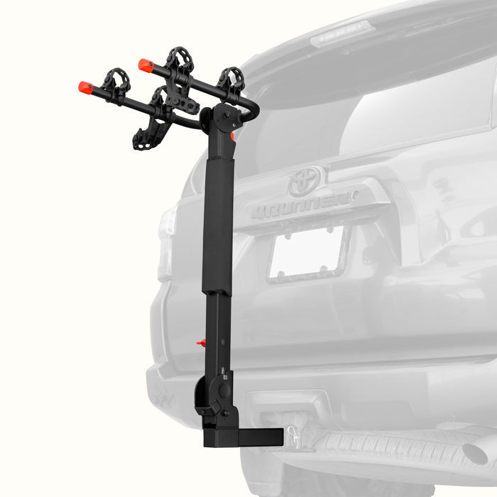 retrospec Lenox Plus Hitch Mount Car Bike Rack (2-Bikes) installed on the rear hitch of an SUV, shown empty with cradle arms extended and ready to load.