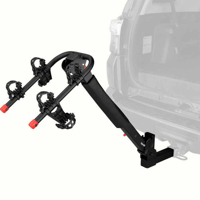 retrospec Lenox Plus Hitch Mount Car Bike Rack (2 Bikes) installed on the rear hitch of a Toyota 4Runner, shown empty from a rear angle with cradle arms raised and red safety caps in place.
