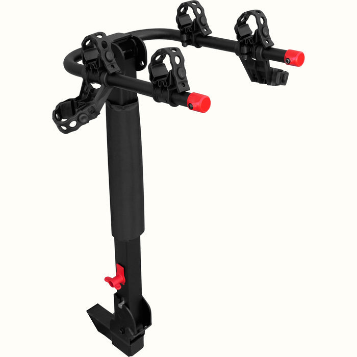 retrospec Lenox Plus Hitch Mount Car Bike Rack (2-Bikes) shown in full against a clean background, with adjustable bike cradle arms, padded clamps, red safety caps, and a red hitch locking lever visible.