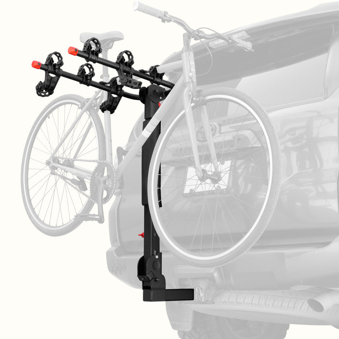 retrospec Lenox Plus Hitch Mount Car Bike Rack (3-Bikes) installed on an SUV with one bike secured in the padded frame cradles, shown from a rear three-quarter angle.