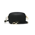 Anti-theft water-resistant Myko Crossbody in black with gold hardware with slash-resistant faux leather straps, front view