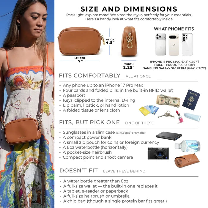 Anti-theft water-resistant Myko Crossbody in Brown with gold hardware. Myko size and dimensions diagram with items that can fit