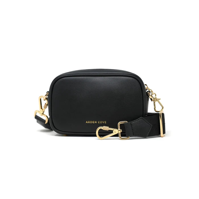 Anti-theft water-resistant Myko Crossbody in black with gold hardware with slash-resistant jacquard straps, front view