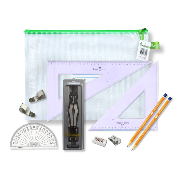 SG Education Pouch Bag with 2 Part Compass, Clips & Faber Castell Square SG Education