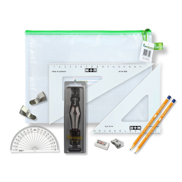 SG Education Pouch Bag with 2 Part Compass, Clips & SG Set Square (0 at Edge) SG Education