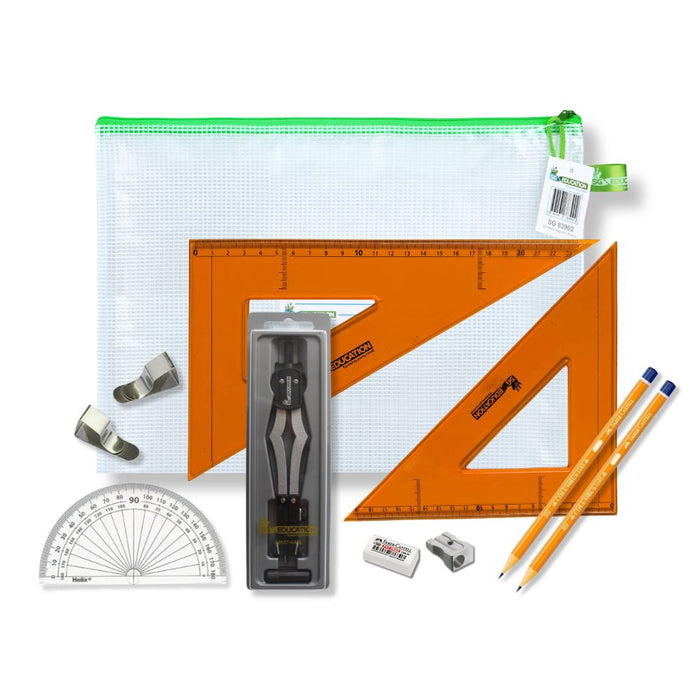 SG Education Pouch Bag with 2 Part Compass, Clips & SG Strong Set Square SG Education