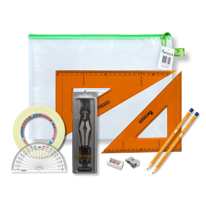 SG Education Pouch Bag with 2 Part Compass, Tape & Strong SG Set Square SG Education