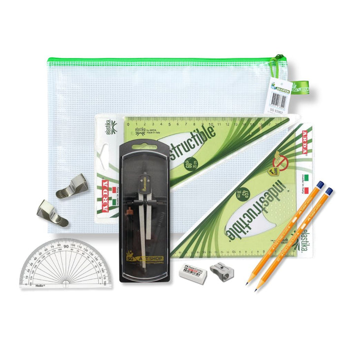 SG Education Pouch Bag with Clutch Pencil Compass, Clips & Elastika Set Square SG Education