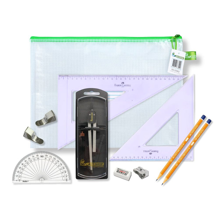 SG Education Pouch Bag with Clutch Pencil Compass, Clips & Faber Castell Set Square SG Education